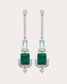 Crafted from 18-karat white gold, the Seine earrings are decorated with emerald-cut aquamarine and green quartz stones for an Art Deco aesthetic. Round white diamonds create ambient shimmer. From Melis Goral's Paris Collection, an ode to the city's romantic opulence. Butterfly post-back closure 18k white gold, aquamarine, green quartz and diamond Carat: 0.86 ctw diamond, 8.77 ctw gemstone Diamond color: G Diamond clarity: VS Polish with soft cloth Diamonds sourced from India Made in Turkey Measu Art Deco Aesthetic, The Seine, Jewelry Drawing, Green Quartz, Art Deco Earrings, Diamond Carat, Diamond Drop Earrings, Diamond Color, Solid Metal