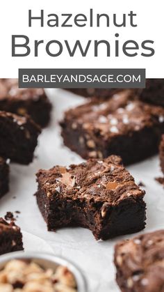 chocolate brownies with nuts on top and text overlay that reads, hazelnut brownies