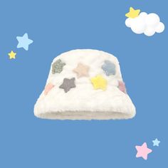 cutiekill-fluffy-stars-bucket-hat-c0340 Fluffy Bucket Hat, Crocs Fashion, Bucket Hat White, Fashion Themes, Frame Card, Hat Ideas, White Hat, Cute Hats, Ear Headbands