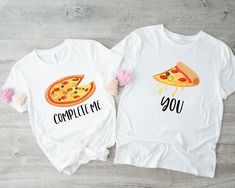 "Pizza and Pizza Slice Couple T-shirt, Pizza Shirt, Matching Valentine Shirts, Funny Soulmate Gifts, You and me Shirt, You Complete Me Tee, Hubby Wifey Shirt, Cute Fiance Gift For Him, Boyfriend Girlfriend Gift ----- How To Order ----- 1-) Please, check and review all the photos. 2-) Choose your t-shirt size and color. *Different styles of shirts may have different shades of same color choice due to different manufacturer brands. *For this reason, we recommend you to match shirts from the same styles if you want precisely matching colors (ex. Unisex, V-necks, Toddler, etc.). 3-) Click add to cart. You can go back to add more shirts. 4-)Click \"Proceed to check out\". 5-)When you check out, you can add a note to seller for any request. ----- Unisex Shirts ----- * Unisex t shirt fits like a Funny Crew Neck Shirt With Sublimation Print, Graphic Print Crew Neck T-shirt, Matching Crew Neck T-shirt With Custom Print, Pre-shrunk Matching Crew Neck T-shirt, Hubby Wifey Shirts, Wifey Shirt, Valentine Shirts, Weird Furniture, Funny Couple Shirts