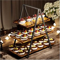 there are many desserts on this wooden tray