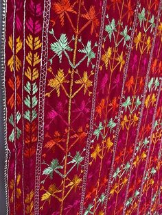 Antique Khaddar Bagh is traditional hand embroidered phulkari made for special Punjabi Sikh wedding ceremonies. Mostly used for wedding jaago night, wedding day as a canopy and then gifted to the bride. Khadar Bagh phulkari is a symbol of happiness, prosperity and well being of a woman. Khaddar Bagh - Made on hand dyed cotton cloth called khaddar with embroidery of silk threads. Fabric is hand spun and a handloom. Whole surface of the fabric in this bagh has been embroidered in geometric pattern Fulkari Suits Punjabi, Phulkari Punjabi Suits, Embroidery Types, Phulkari Pants, Punjabi Suit Boutique, Phulkari Embroidery, Phulkari Dupatta, Night Wedding, Punjabi Suit