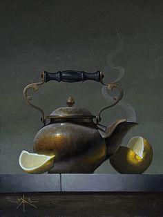 an oil painting of a tea kettle with lemons