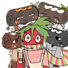 an image of some cartoon characters with food on their heads and hair in different colors