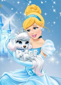 a princess holding a white dog in front of a castle with stars and sparkles