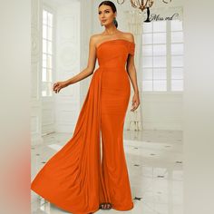 Long Cocktail Dress. Never Worn Fitted Orange Dress For Banquet, Orange Draped Party Dress, Orange Draped Dress For Party, Cake Makeover, Orange Cocktail Dress, Orange Cocktail Dresses, Orange Cocktail, Cocktail Dress Classy, Long Cocktail Dress