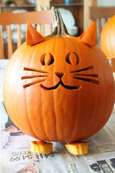 a cat pumpkin sitting on top of a table