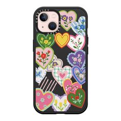 an iphone case with hearts and flowers painted on the back, in black color scheme