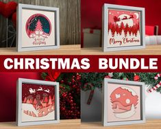 four christmas cards with the words merry christmas bundle in red, white and blue on them