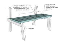 a wooden bench with measurements for the top and bottom section, including an attached seat