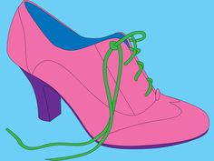 a pair of pink shoes with green laces on the heel, against a blue background