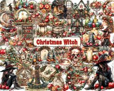 a christmas witch collage with lots of holiday items and decorations on it's side