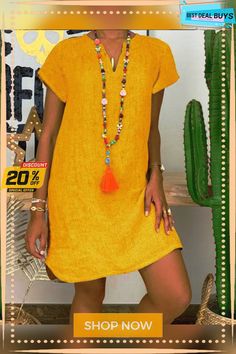 Simple V Neck Linen Mini Dress Plain Midi Dress, Yellow Midi Dress, Yellow Short, Summer Plus Size, Linen Mini Dress, Yellow Shorts, Dresses By Length, Dress Size Chart, Plus Size Casual