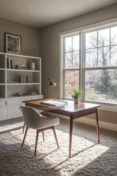 Bright home office mid century modern design with large windows and simple shelving mid century modern home office