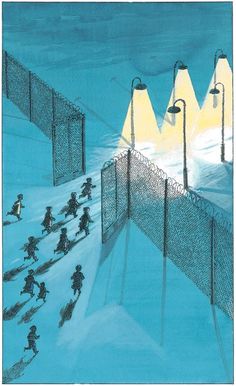 a drawing of people walking in the snow near a fence and street light at night