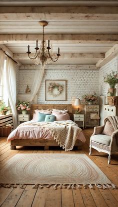 a bedroom with white brick walls and wood flooring, a chandelier hanging from the ceiling