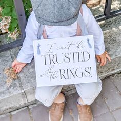 Inject a little fun into your wedding ceremony with this humorous ring bearer sign that reads, "I Can't Be Trusted with the Rings!" A perfect way to lighten the mood and entertain your guests, this sign will have everyone chuckling as your ring bearer makes his way down the aisle. For over 10 years people have trusted Ritzy Rose on Etsy with their sign needs. FEATURES & BENEFITS * PRODUCT DETAILS: Paper signs are created from 3 sheets of responsibly sourced linen textured cardstock, elegantly st Wedding Wagons For Flower Girl Tulle, Ring Bearer Sign, Funny Wedding Signs, Wedding Flags, Ring Bearer Signs, Whimsical Ring, Flower Girl Signs, Bride Sign, Banner Size