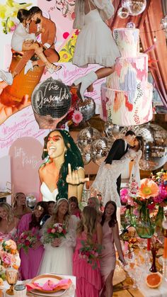 a collage of photos with women in dresses and flowers on them, including cake