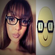 a woman wearing glasses with an emoticive face on the wall next to a pair of eyeglasses