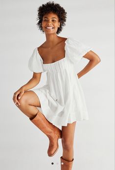 White Float Dress, White Long Dresses Casual, White Dress Medium Length, Free People Babydoll Dress, Altard State White Dress, Nashville Dresses Cowboy Boots, Senior Photo Dresses, White Brunch Dress, White Dress Senior Pictures