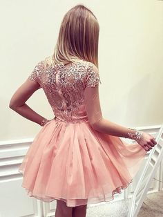 Chiffon Bateau Long A-line Sleeves Short/Mini With Applique Dresses - Prom Dresses Homecoming Dresses Sleeves, Coral Homecoming Dresses, Long Sleeve Homecoming Dress, Freshman Homecoming Dresses, Backless Homecoming Dresses, Cute Homecoming Dresses, Mini Homecoming Dresses, Cheap Homecoming Dresses, Dress Item