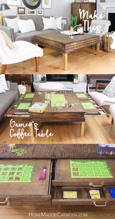 the coffee table is made out of wood and has drawers for games, cards, and other items