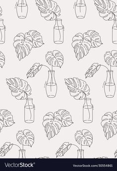 seamless pattern with tropical plants in vases and bottles on a white background - stock image