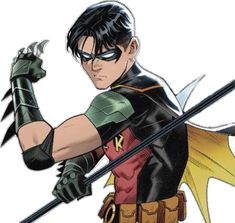 the young batman is holding two swords in his hands