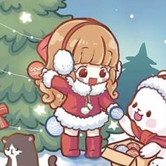 a cartoon girl and her teddy bear are in front of a christmas tree