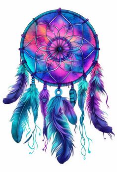 a drawing of a colorful dream catcher with feathers