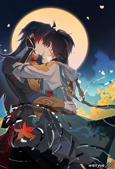 two anime characters hugging in front of a full moon