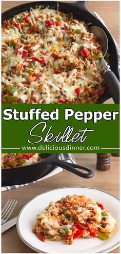 stuffed pepper skillet casserole on a white plate with a green border overlay