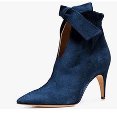 Fall High Heel Booties With Wrapped Heel, Chic Pointed Toe Summer Booties, Chic Summer Booties With Pointed Toe, Summer Chic Pointed Toe Booties, Blue Pointed Toe Heels For Winter, Blue High Ankle Heels For Party, Chic Blue High Ankle Heeled Boots, Blue High Ankle Heels For Fall, Spring Party Suede Booties