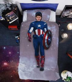 a bed with an image of captain america on it