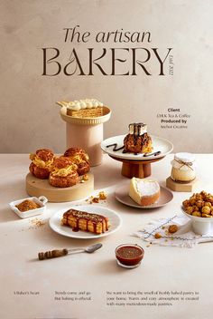 an advertisement for the artisan bakery, featuring desserts and pastries on plates