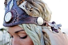 Gorgeous etched leather and sterling head piece by Buffalo Girl. Animal Skull Headdress, Deer Antler Headdress, Boho Feather Headband, Feathered Headdress, Aztec Feather Headdress, Leather Inspiration, Rock Festivals, Head Dress