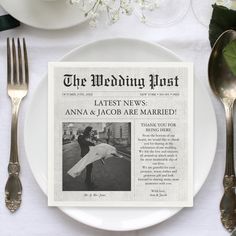 the wedding list is displayed on a plate with silverware