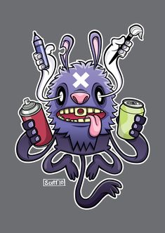 a cartoon character holding two cans of sodas and a can of beer with an x on it