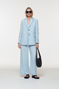 Our button back blazer is back this time in a pretty sky blue. Wear the buttons open for a more dramatic silhouette or over your favourite dress. Features contrast stitch and signature branded buttons. Keep your suit game strong. Sassy Women, Puff Sleeve Shirt, Pretty Sky, Mint Velvet, Suit Style, Malene Birger, Straight Leg Trousers, Color Free