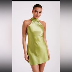 Brand New, Never Worn With Tags! Chic Green Backless Mini Dress, Chic Green Halter Neck Mini Dress, Chic Green Mini Dress For Night Out, Trendy Green Mini Dress For Evening, Chic Green Mini Dress For Date Night, Olive Fitted Dress For Party, Trendy Green Halter Neck Dress, Chic Green Mini Dress For Day Out, Elegant Olive Party Dress