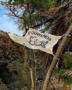 a sign that is on the side of a tree in front of some rocks and trees