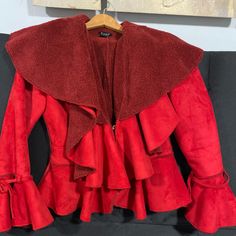 Beautiful Jacket Fitted Red Blazer For Winter, Fitted Red Long Sleeve Outerwear, Red Fitted Long Sleeve Outerwear, Elegant Red Winter Outerwear, Hooded Fall Outerwear With Ruffles, Red Long Sleeve Blazer For Winter, Fall Hooded Outerwear With Ruffles, Elegant Red Outerwear For Fall, Chic Red Winter Blazer