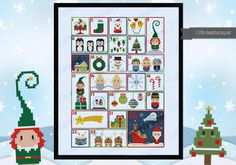 a cross stitch pattern with christmas pictures on the front and side, including an image of a