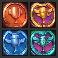 four different types of emblems in various colors and shapes, each with a gold trophy