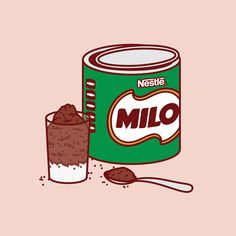 an illustration of a can of milk and a spoon with chocolate chips on the side