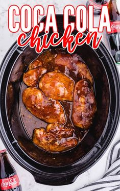 the cover of coca cola chicken is shown in a crock pot with sauce on it