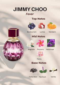 Indulge in allure with Jimmy Choo Fever! Delight in the top notes of blackcurrant, mandarin, and lychee, followed by the enchanting mid notes of magnolia, plumeria, heliotrope, and peony. Immerse yourself in the luxurious base notes of tonka bean, patchouli, and vanilla. Elevate your senses and click now to embark on this irresistible fragrance journey! 🌸✨ #JimmyChooFever #LuxuryPerfume #FragranceNotes #SensualScents Jimmy Choo Fever Perfume, Jimmy Choo Fever, Vanilla Perfumes, Jimmy Choo Perfume, Patchouli Perfume