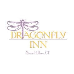 the dragonfly inn logo is shown in purple and gold colors on a white background