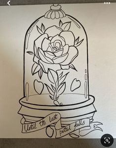 a drawing of a rose under a glass dome