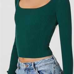 Ribbed Sweater-Knit Crop Top. Scoop Neckline, Long Sleeves With Button Accents. Trendy Green Knit Top, Trendy Ribbed Knit Crop Top, Trendy Fitted Knit Top With Ribbed Neckline, Trendy Fitted Sweater With Ribbed Neckline, Trendy Scoop Neck Knit Top For Fall, Trendy Ribbed Knit Top With Scoop Neck, Fitted Trendy Knit Tops, Forever 21 Ribbed Tops For Winter, Fitted Ribbed Tops From Forever 21